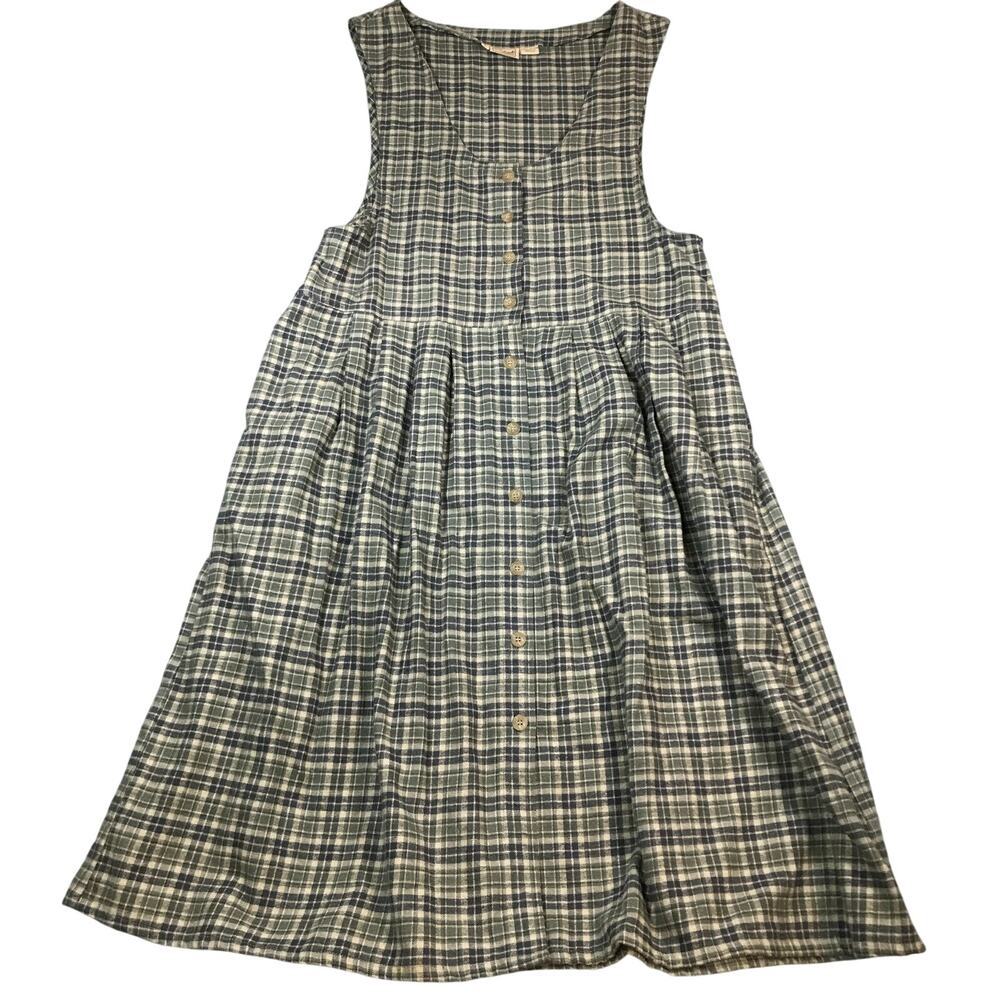 VTG Woolrich Women's XL Pinafore Dress Jumper Green Plaid Cotton Button Front D2 - Picture 1 of 9